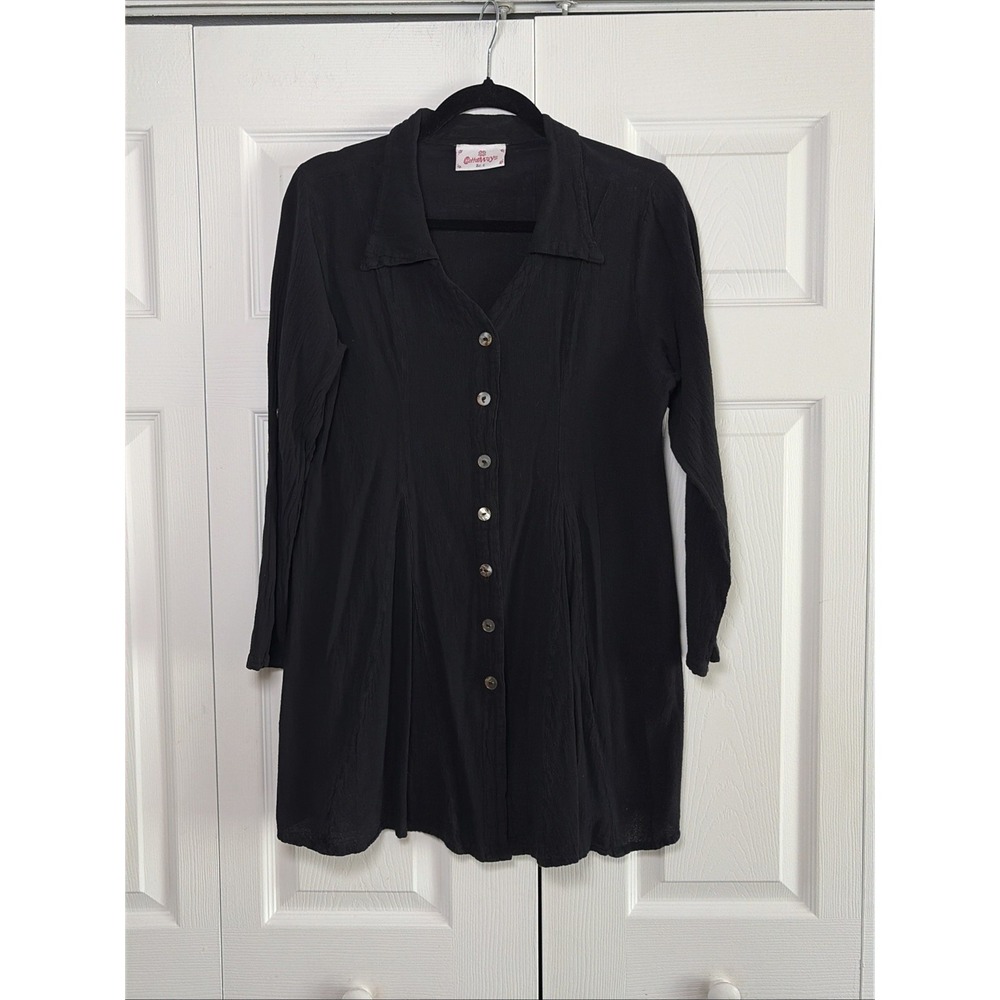 CottonWays Gauze Button Down Tunic Womens Size 1 Black Boho Lagenlook Cotton